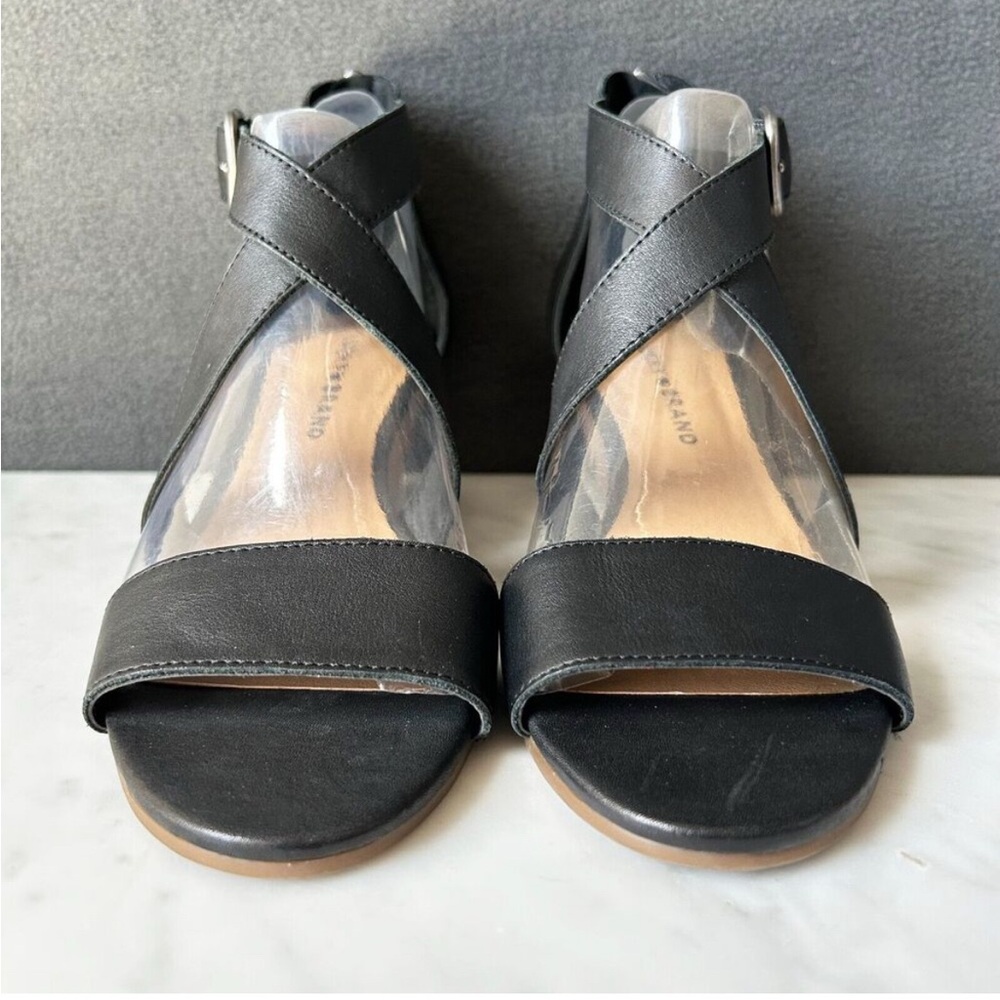 Lucky Jenley wood wedge black leather strappy sandal - Size 7